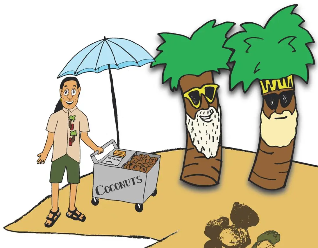 A cartoon of a person with an umbrella and coconut