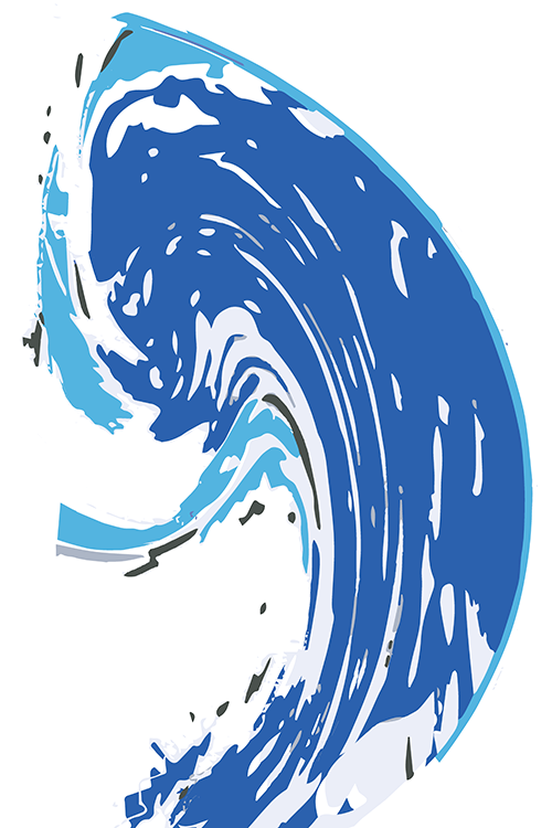 A blue and white wave with black lines