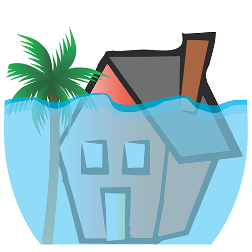 A house is submerged in water with palm tree.