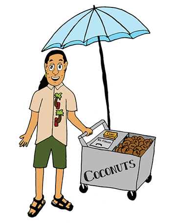 A man standing next to an umbrella with food.